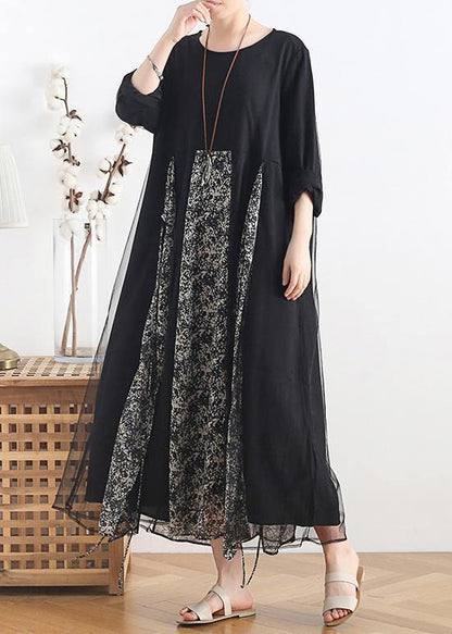 O Neck Clothes Tutorials Black Patchwork Print Maxi Dresses