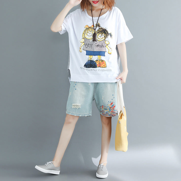 O Neck Cotton Long Shirts Design White Print Box Tops