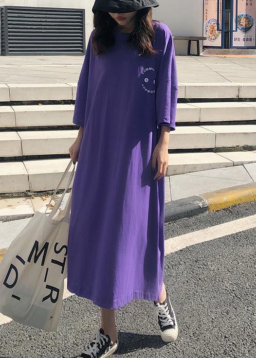 O Neck Cotton Clothes Pattern Purple Maxi Dress Summer