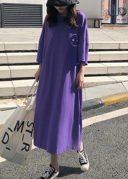 O Neck Cotton Clothes Pattern Purple Maxi Dress Summer
