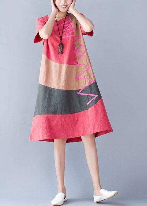 O Neck Cotton Linen Clothes Tunic Tops Orange Patchwork Color Dresses Summer