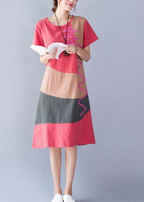 O Neck Cotton Linen Clothes Tunic Tops Orange Patchwork Color Dresses Summer