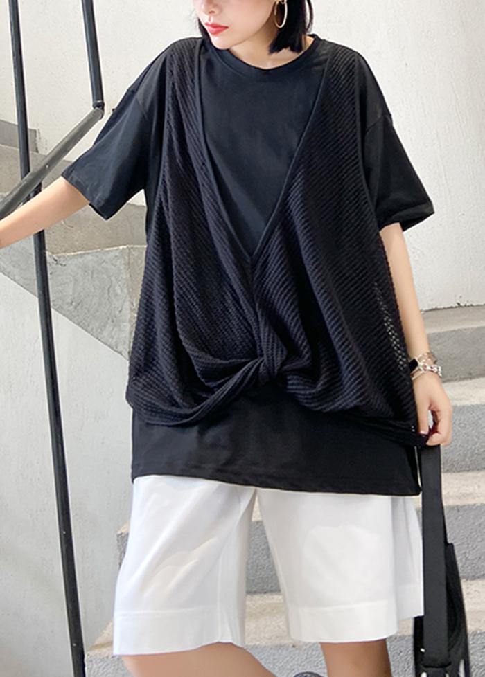 O Neck Cotton Shirts Black Patchwork Tulle Shirts