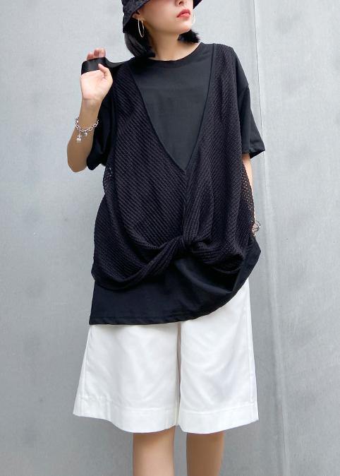 O Neck Cotton Shirts Black Patchwork Tulle Shirts