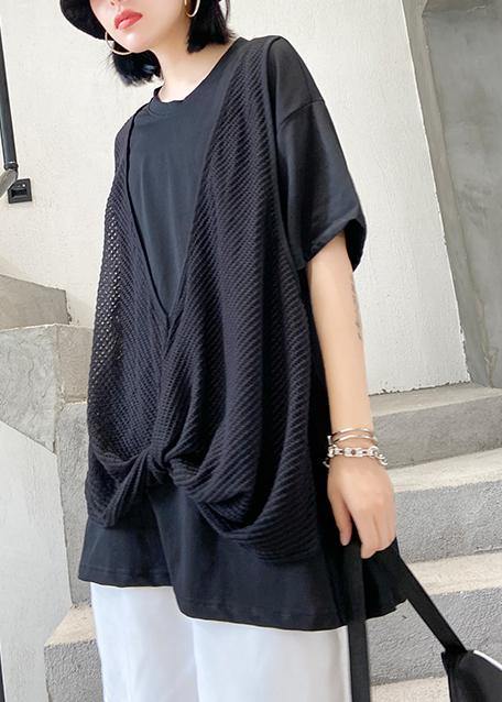 O Neck Cotton Shirts Black Patchwork Tulle Shirts