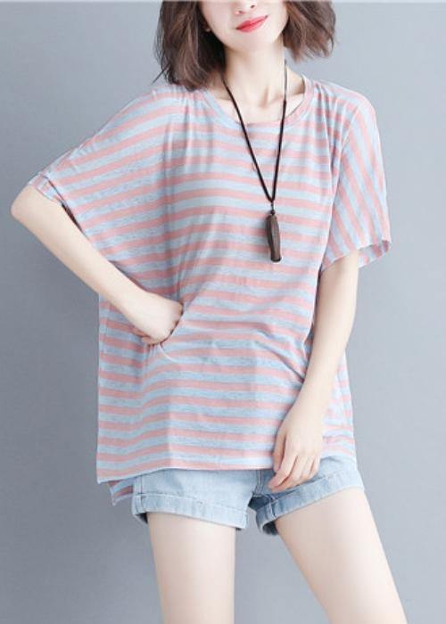 O Neck Cotton Summer Inspiration Red Striped Shirt