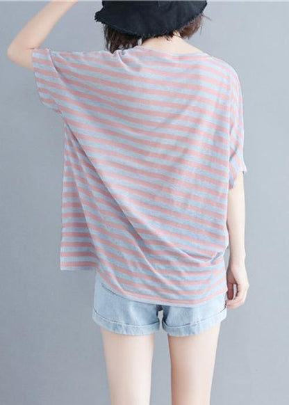 O Neck Cotton Summer Inspiration Red Striped Shirt