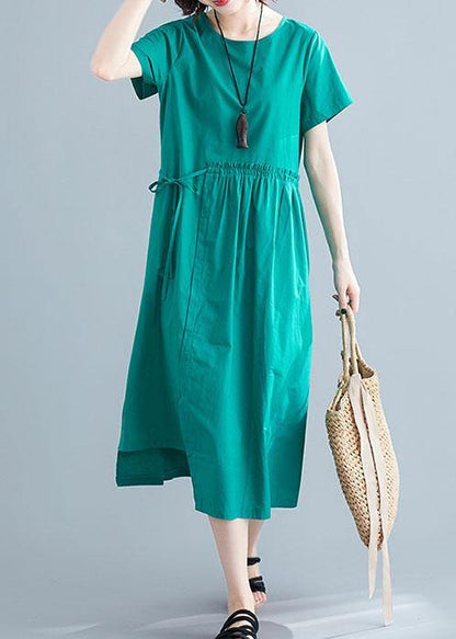 O Neck Drawstring Cotton Linen Quilting Dresses Tutorials Green Dress Summer