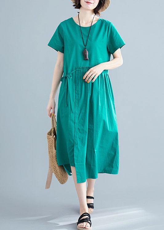 O Neck Drawstring Cotton Linen Quilting Dresses Tutorials Green Dress Summer