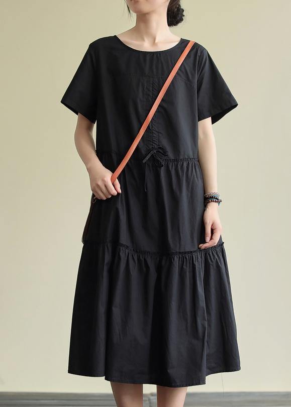 O Neck Drawstring Cotton Summer Clothes for Wardrobes Black Cotton Robes Dress