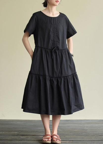 O Neck Drawstring Cotton Summer Clothes for Wardrobes Black Cotton Robes Dress