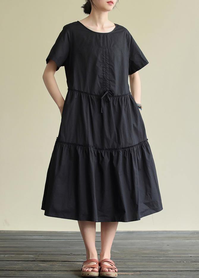 O Neck Drawstring Cotton Summer Clothes for Wardrobes Black Cotton Robes Dress