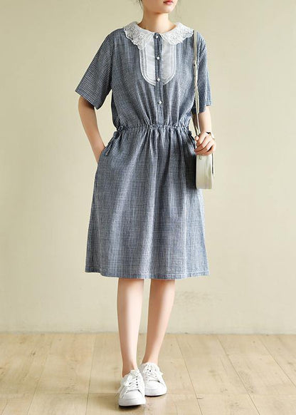 O Neck Elastic Waist Clothes Neckline Navy Striped Dress