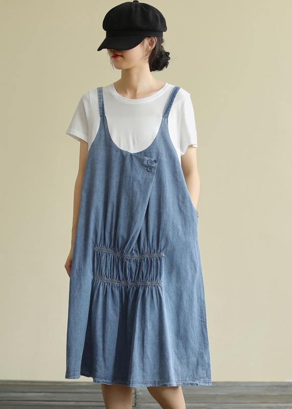 O Neck False Two Pieces Cotton Summer Quilting Dresses Design Blue Dress