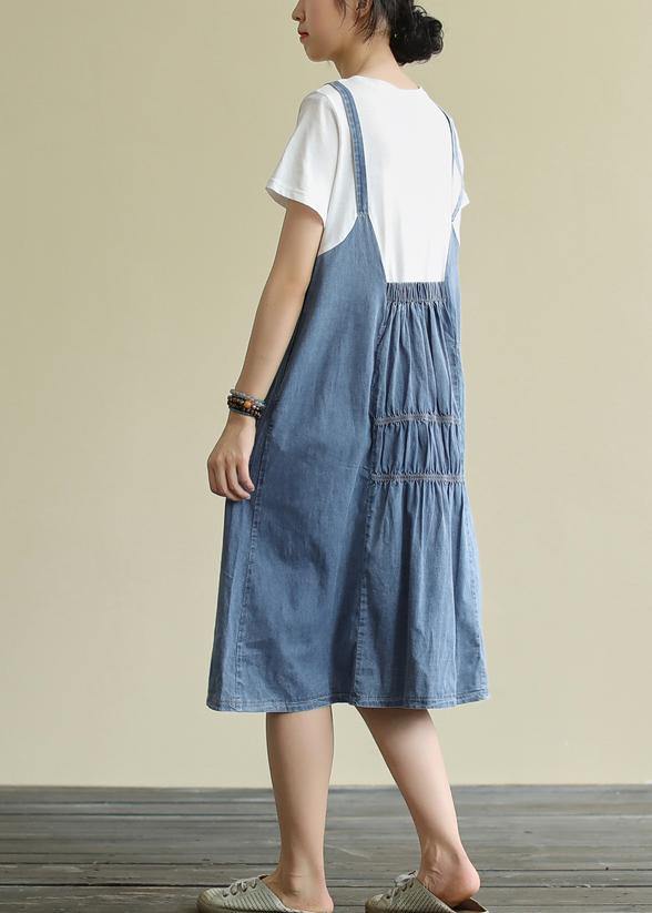 O Neck False Two Pieces Cotton Summer Quilting Dresses Design Blue Dress