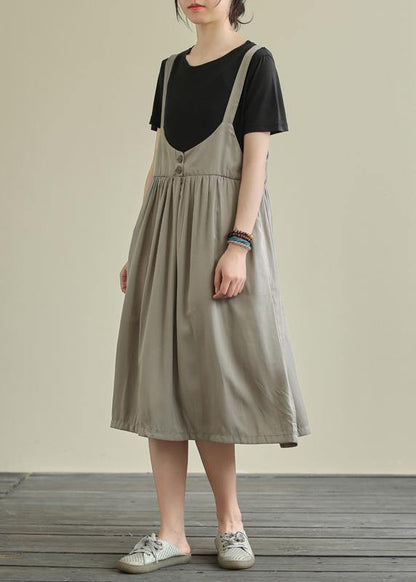 O Neck False Two Pieces Cotton Summer Quilting Dresses Gray Maxi Dress