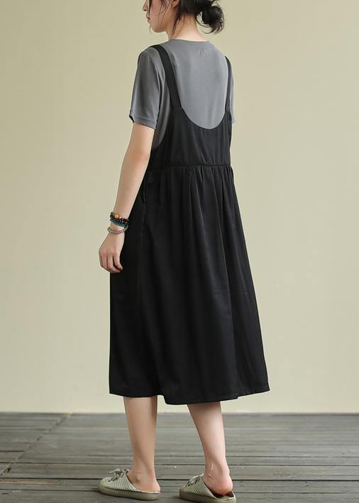 O Neck False Two Pieces Cotton Summer Quilting Dresses Gray Maxi Dress