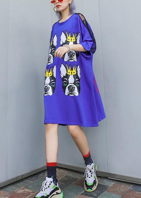 O Neck Half Sleeve Cotton Long Sewing Blue Print Dresses Summer