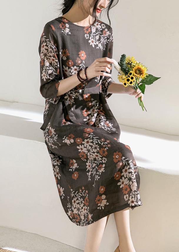 O Neck Half Sleeve Linen Robes Photography Chocolate Print Dress