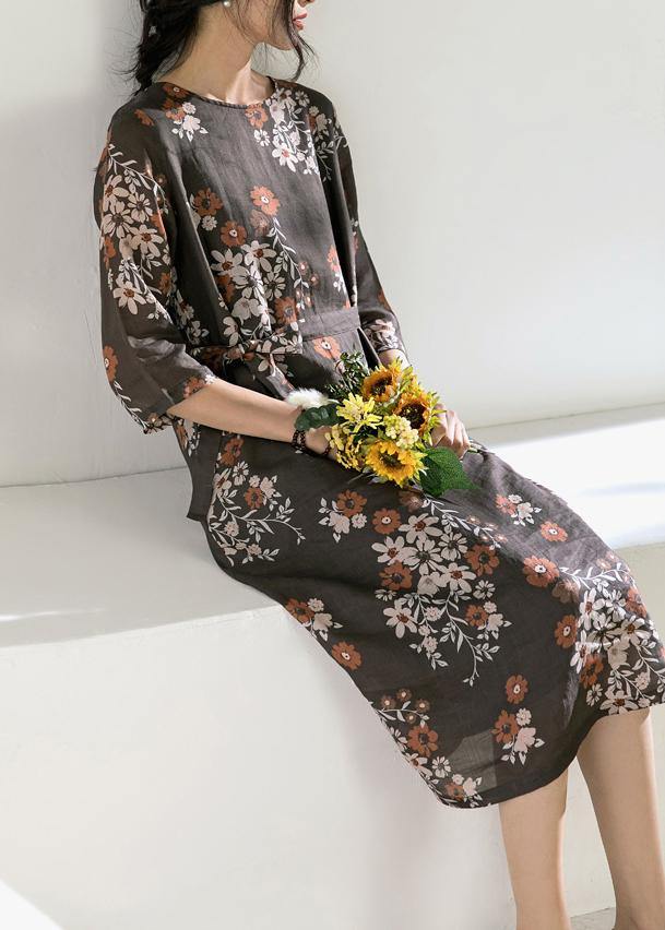 O Neck Half Sleeve Linen Robes Photography Chocolate Print Dress