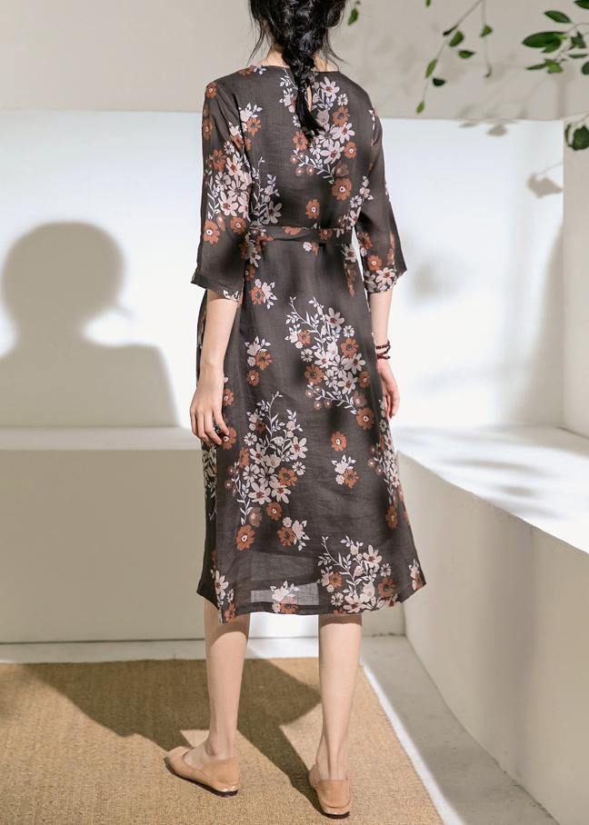 O Neck Half Sleeve Linen Robes Photography Chocolate Print Dress