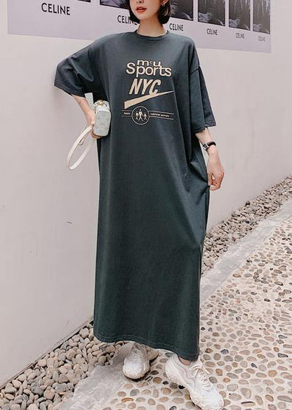O Neck Half Sleeve Summer Wardrobes Work Gray Letter Maxi Dress