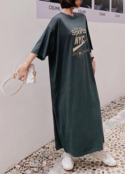 O Neck Half Sleeve Summer Wardrobes Work Gray Letter Maxi Dress