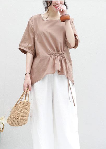O Neck Lantern Sleeve Cotton Linen Tunic Top Neckline Khaki Summer Blouses