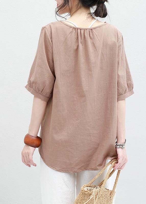 O Neck Lantern Sleeve Cotton Linen Tunic Top Neckline Khaki Summer Blouses