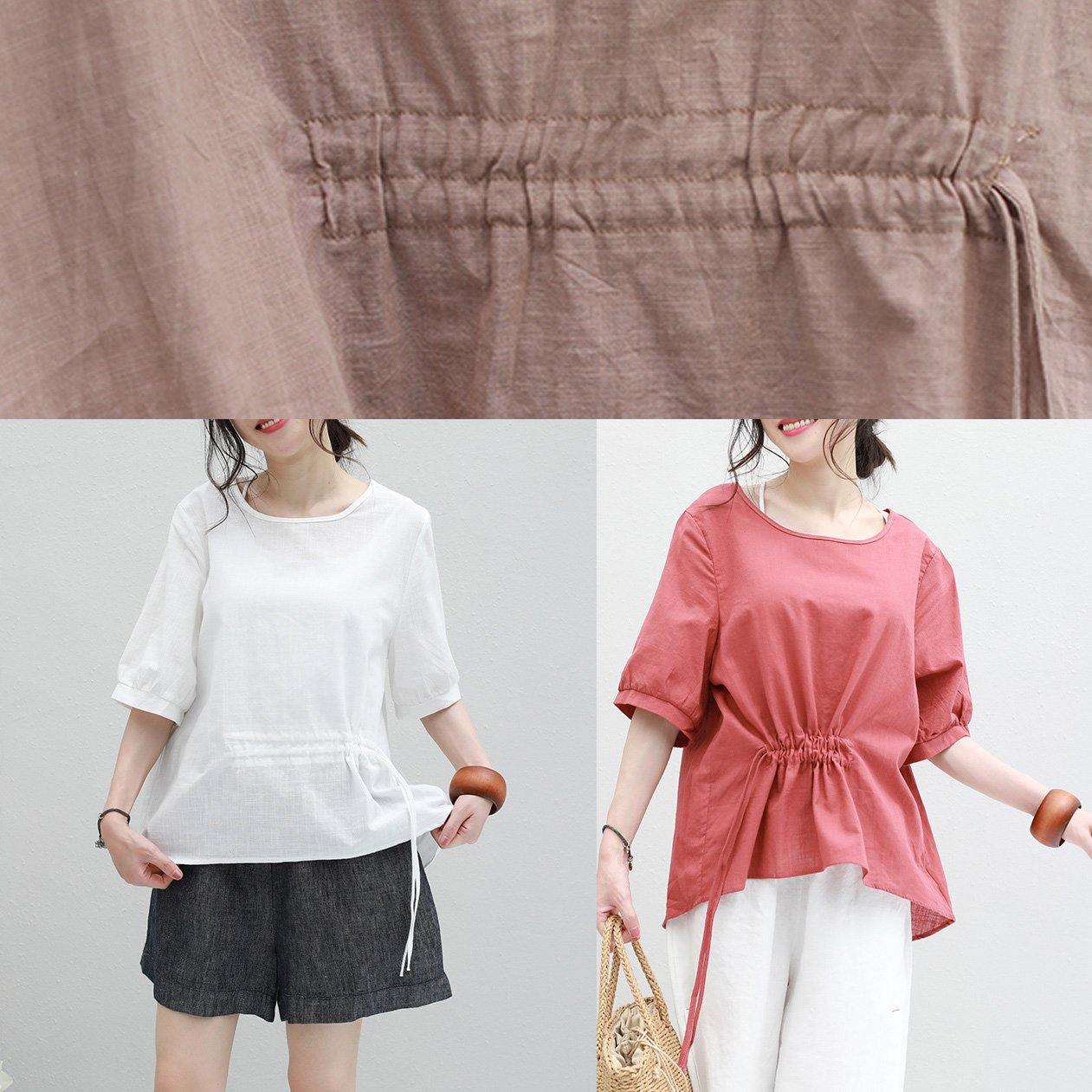 O Neck Lantern Sleeve Cotton Linen Tunic Top Neckline Khaki Summer Blouses