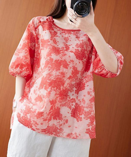 O Neck Lantern Sleeve Summer Tops Red Print Shirts