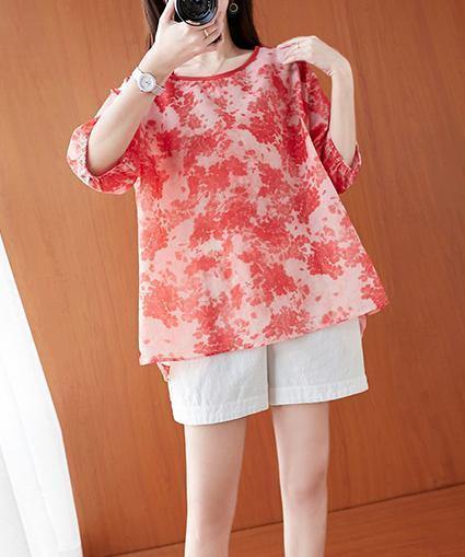 O Neck Lantern Sleeve Summer Tops Red Print Shirts
