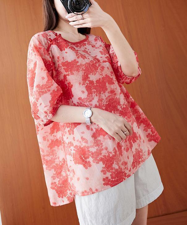 O Neck Lantern Sleeve Summer Tops Red Print Shirts