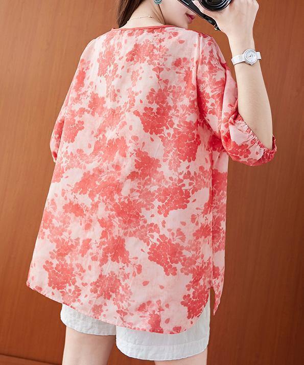 O Neck Lantern Sleeve Summer Tops Red Print Shirts