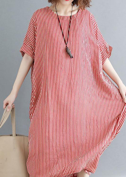 O Neck Linen Robes Omychic Catwalk Red Striped Daily Dress Summer