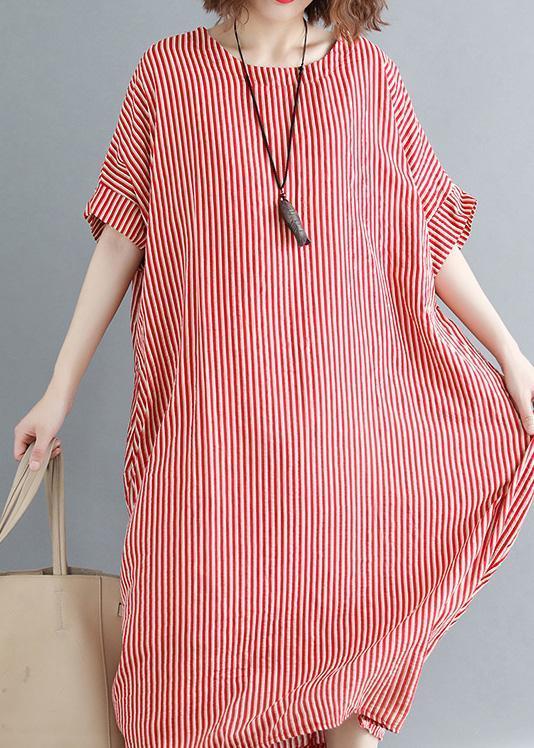 O Neck Linen Robes Omychic Catwalk Red Striped Daily Dress Summer