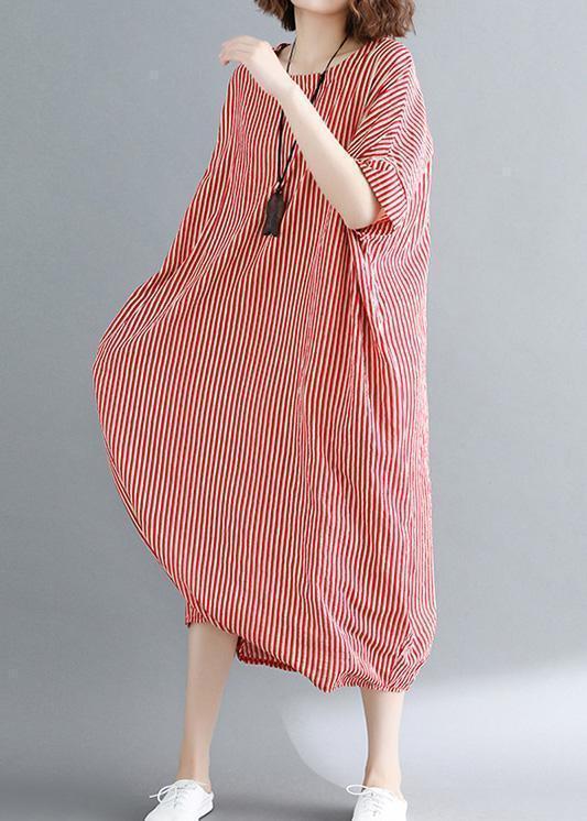 O Neck Linen Robes Omychic Catwalk Red Striped Daily Dress Summer
