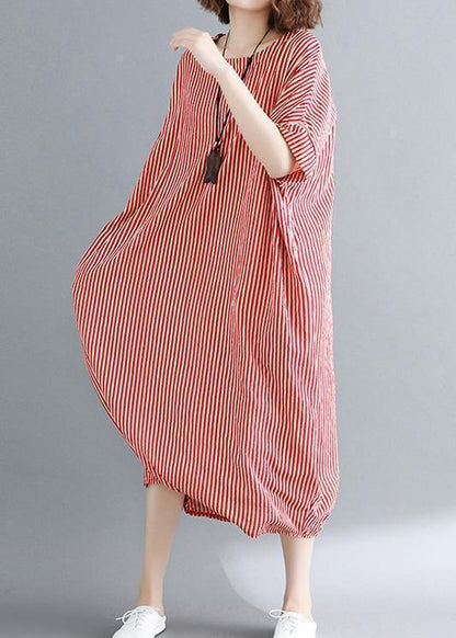 O Neck Linen Robes Omychic Catwalk Red Striped Daily Dress Summer