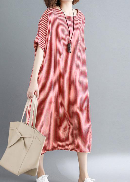 O Neck Linen Robes Omychic Catwalk Red Striped Daily Dress Summer