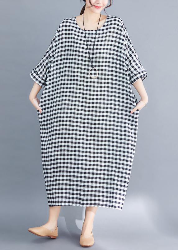 O Neck Linen Cotton Robes Shirts Gray White Plaid Clothing Dresses Summer