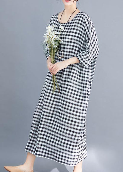 O Neck Linen Cotton Robes Shirts Gray White Plaid Clothing Dresses Summer
