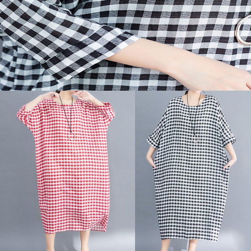 O Neck Linen Cotton Robes Shirts Gray White Plaid Clothing Dresses Summer