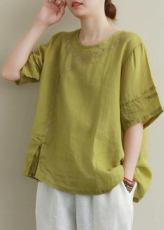 O Neck Linen Cotton Summer Top Green Embroidery Short Blouse