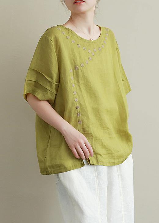 O Neck Linen Cotton Summer Top Green Embroidery Short Blouse