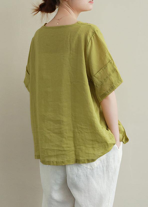 O Neck Linen Cotton Summer Top Green Embroidery Short Blouse