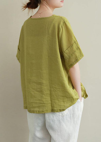 O Neck Linen Cotton Summer Top Green Embroidery Short Blouse