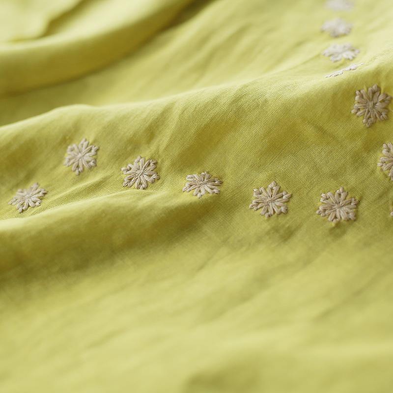 O Neck Linen Cotton Summer Top Green Embroidery Short Blouse