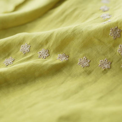 O Neck Linen Cotton Summer Top Green Embroidery Short Blouse