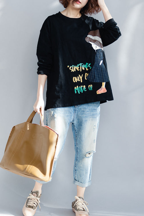 O Neck Long Sleeve Cotton Shirts Work Black Baggy Top Spring