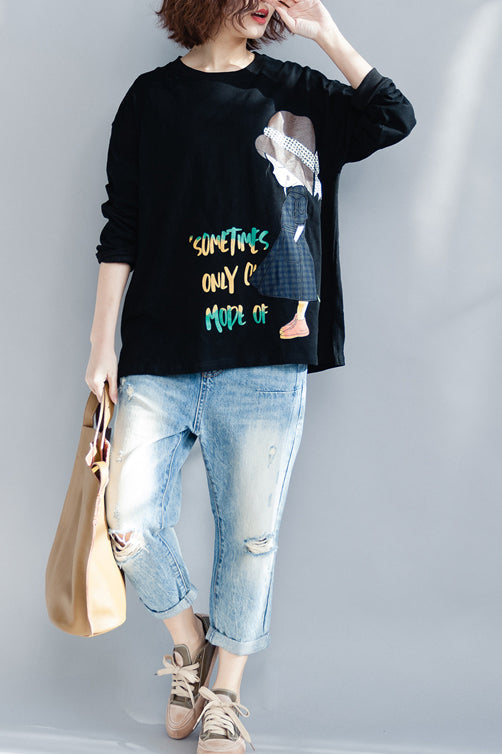 O Neck Long Sleeve Cotton Shirts Work Black Baggy Top Spring